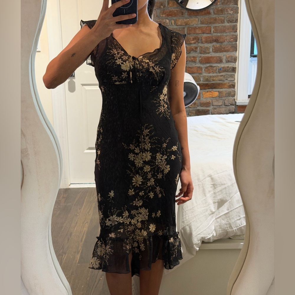 Black Floral Slip Dress with Ruffle Hem